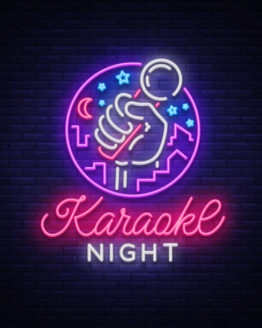 Karaoke night vector. Neon sign, luminous logo, symbol, light banner. Advertising bright night karaoke bar, party, disco bar, night club. Live music Design template.